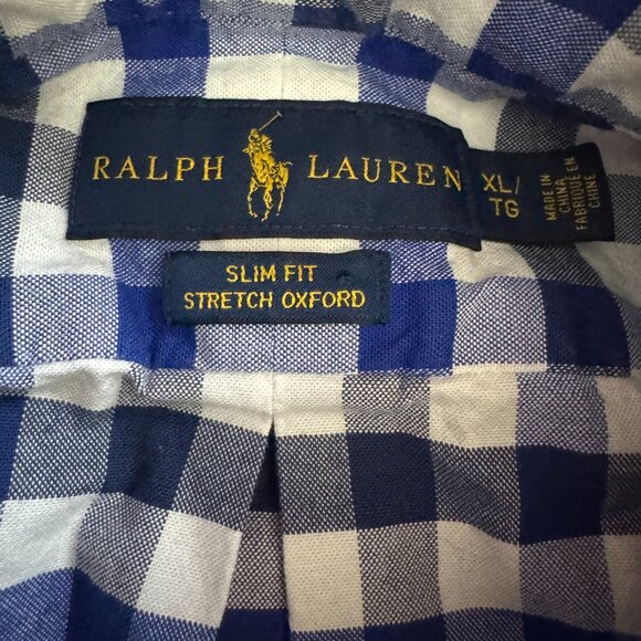 Ralph Lauren Button Up Oxford Shirt Men XL Slim Fit Blue Gingham Flesh Pony Logo - Picture 5 of 7